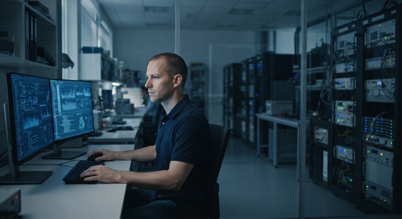 Data lead at a dual-monitor workstation beside instrument racks