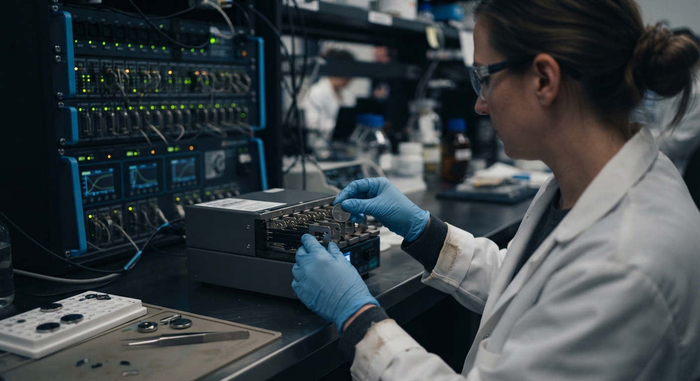 Battery scientist loading a coin cell into a multi-channel cycler