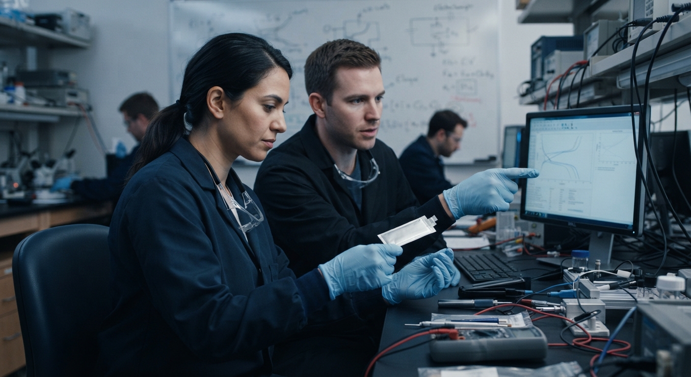Two engineers reviewing a pouch cell beside voltage curves